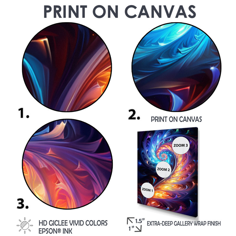 «Vibrant Fractal Glow Journey - Abstract Spirals», art mural, Cadre flottant noir, H 32 po x l 16 po x P 1 po