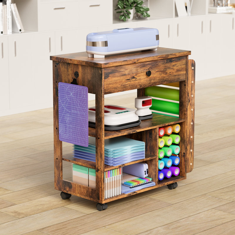 Craft Table Craft Cart Cricut Machine Crafting Cabinet Table for Craft Room, Brown/Black