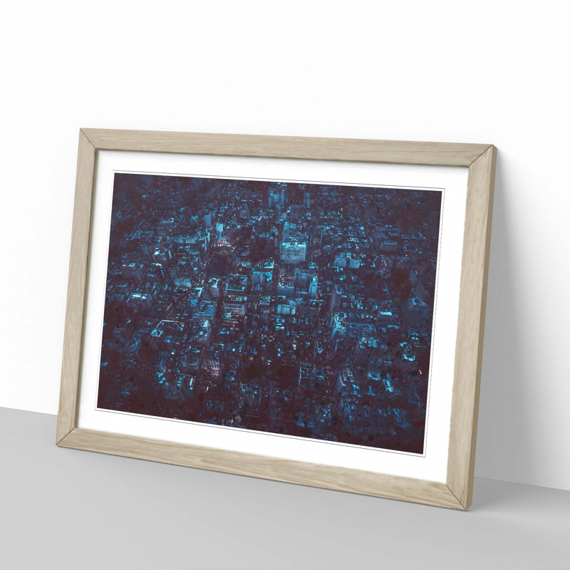 New York at Night - Picture Frame Graphic Art Print, 27cm H x 36cm W x 2cm D, Oak Framed