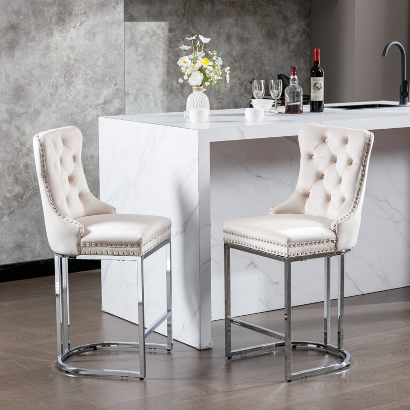 26 Inch Counter Height Bar Stools, Set Of 2 Modern Velvet Upholstered Chairs With Button Back And Rivet Trim, Sturdy Chromed Metal Base