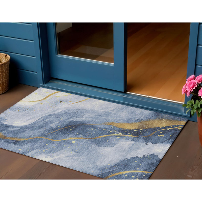 Tapis d'extérieur lavable abstrait bleu et or 3 pi x 5 pi