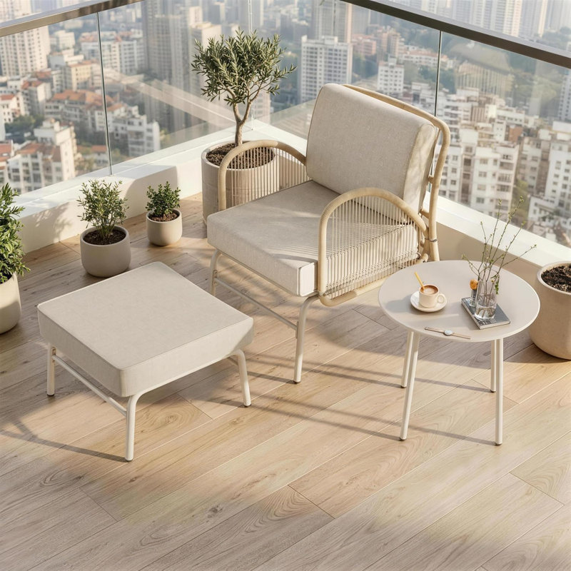 Rattan Patio Conversation Set, Outdoor Lounge Chair With Ottoman & Round Coffee Table