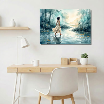 «Woman Walking in Blue Watercolor Stream Forest», art mural