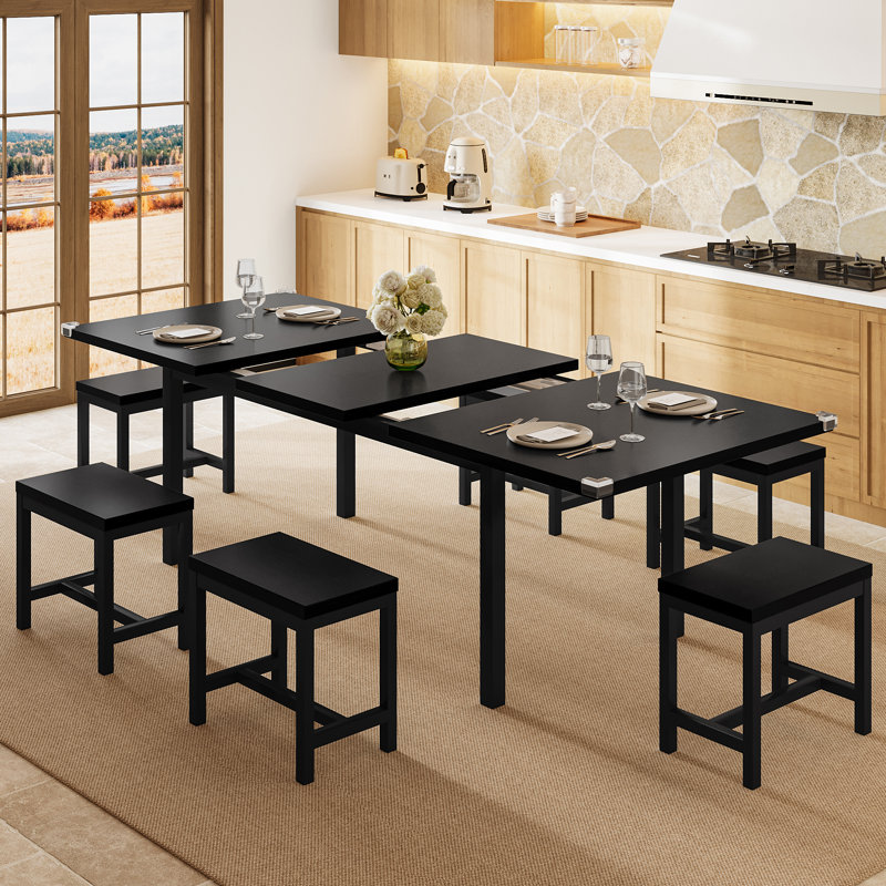 Ensemble de salle à manger extensible 7 pièces avec 6 tabourets, table de 63 po, noir