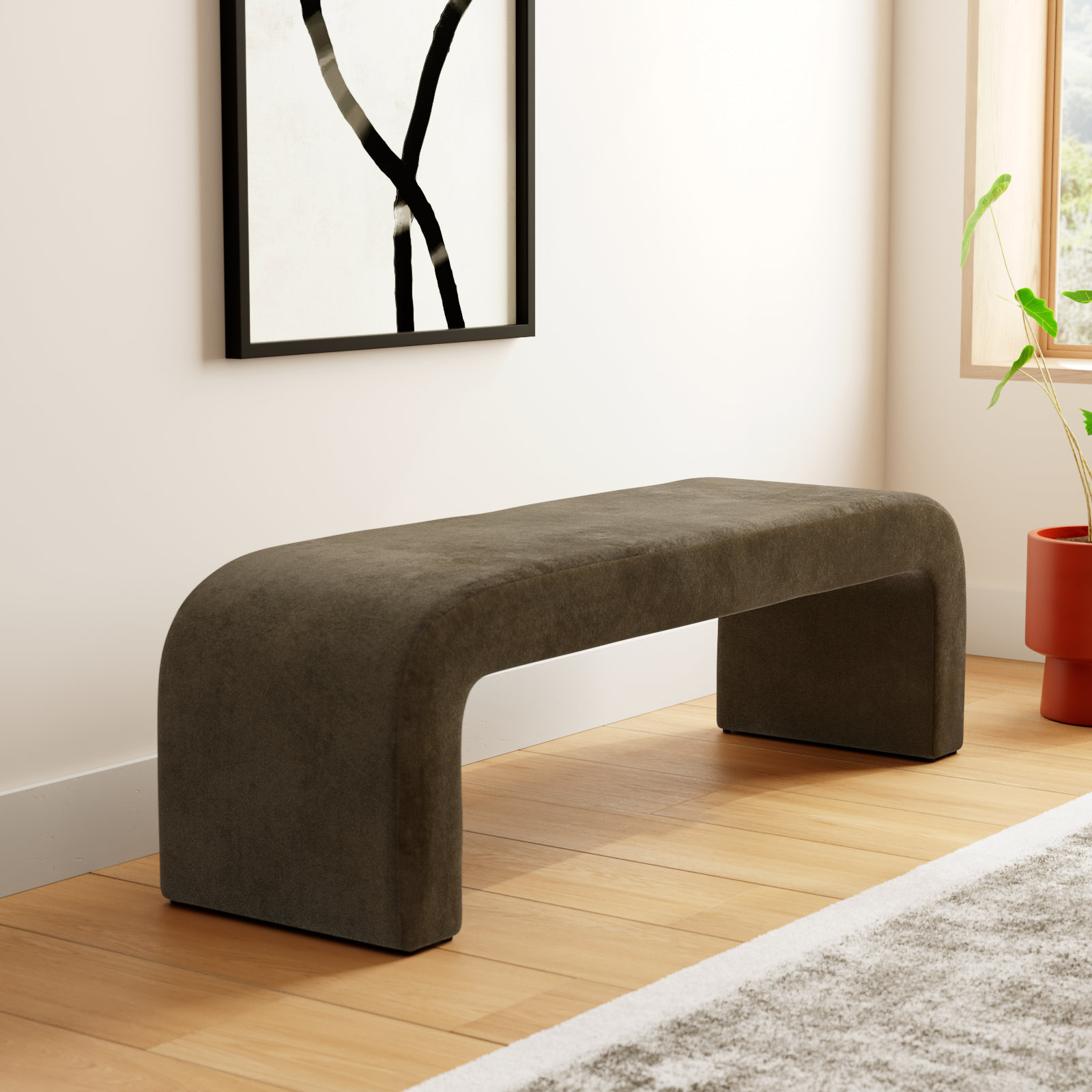 Daine 62" Upholstered Bench, Dark Olive Green Velvet