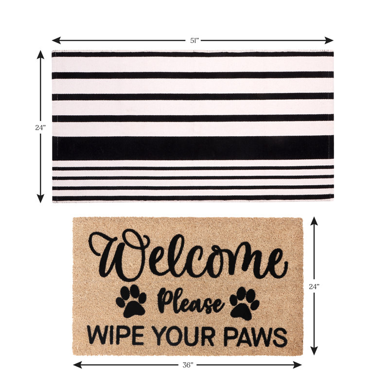 Ensemble de tapis 100% fibre de coco rayé noir et blanc - Welcome Paws Design noir, 24 po x 36 po et 24 po x 51 po, support en PVC antidérapant robuste