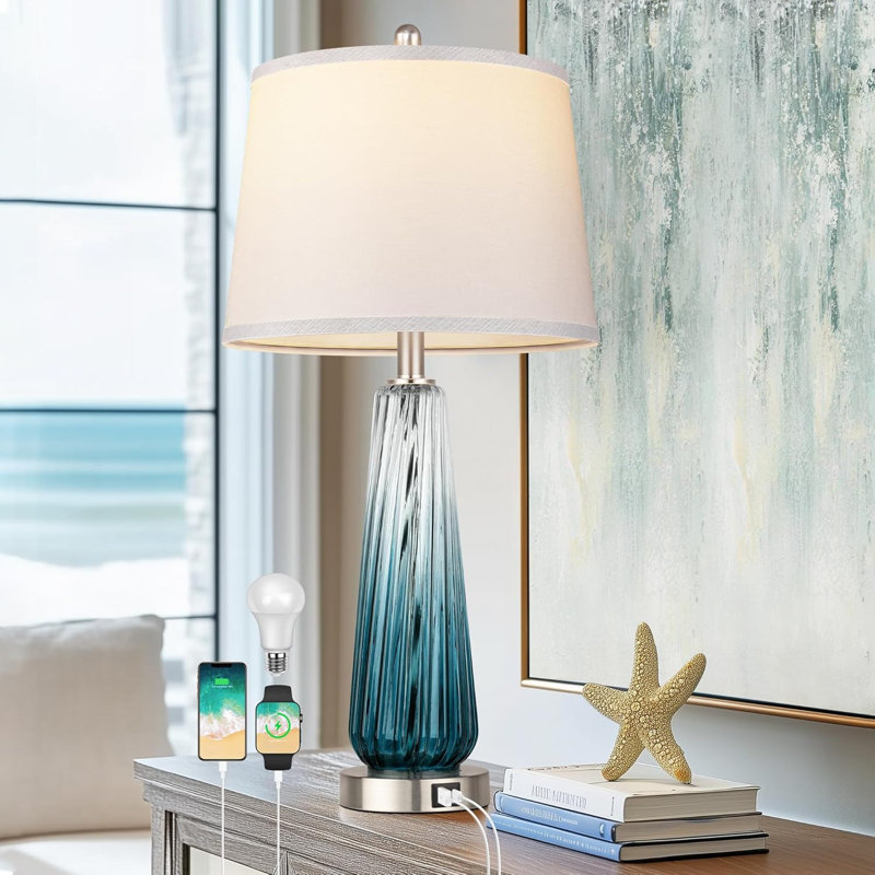27.5" Teal Glass Table Lamp With Usb A+c Ports