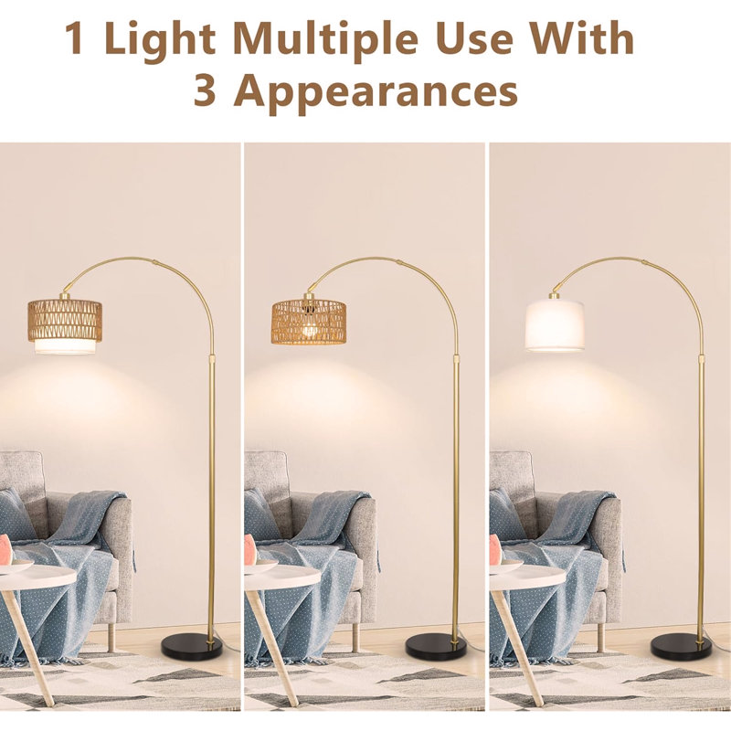 Arc Floor Lamp for bedroom with Rattan & Linen Shades, Floor Lamp with Remote & Dimming Bulb, Rustic Standing Lamp with 3 Color Temperatures, Adjustable Height Farmhouse Tall Lamp for Living Room