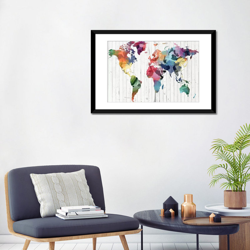 Carte du monde en aquarelle, impression sur toile tendue, H 24 po x l 32 po x P 1 po, Papier d'art encadré noir, Blanc