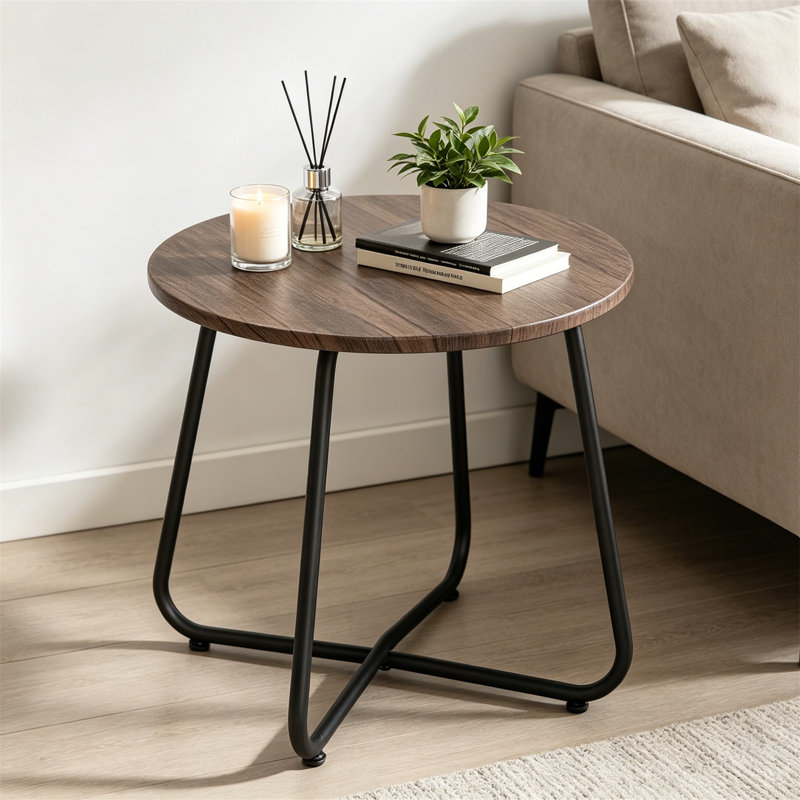 17.7" Round Waterproof Wood Patio End Table with Adjustable Feet