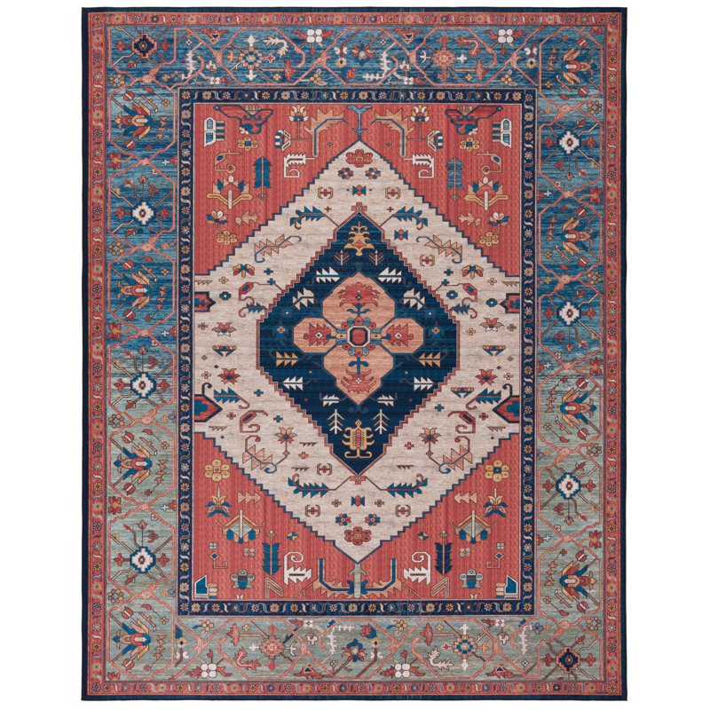 Tucson Heirloom Machine Washable Non-Slip Area Rug In Rust & Blue, Rectangle 244 x 305cm