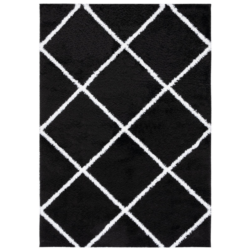Tapis noir et blanc à motif géométrique, Rectangle 5 pi x 7 pi