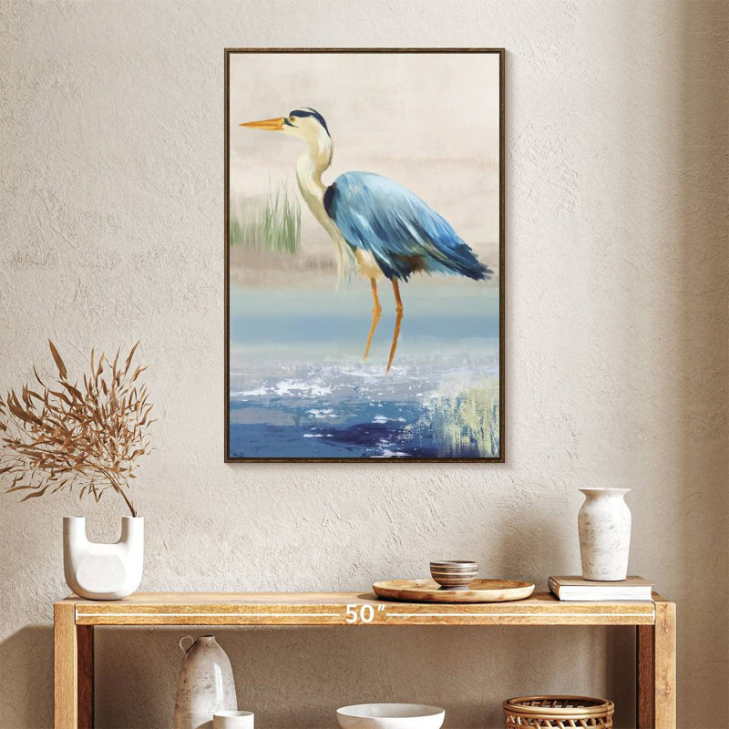 Heron On The Beach, 25" x 37", Floating Frame Walnut