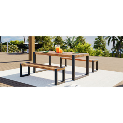 Table de salle à manger en bois et en acier à utilisation tout climat avec 2 bancs et 1 table pour l'extérieur et l'intérieur
