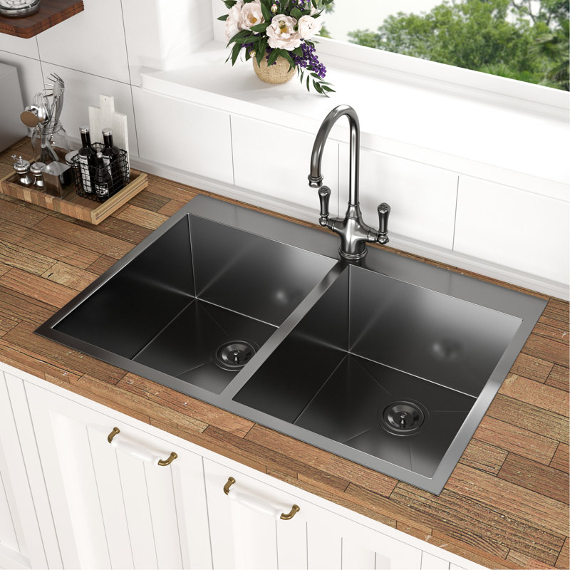 33"X22" Gunmetal Black Sink - 18 Gauge Stainless Steel Double Bowl, Rustproof Design Bowl 33X22 Inch, Steel, Kitchen Basin