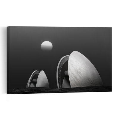 Monochromatic Shells And Sun Abstract Contemporary Geometric Architecture Landscape Wall Art Print 1 Piece Wrapped Canvas Wall Art