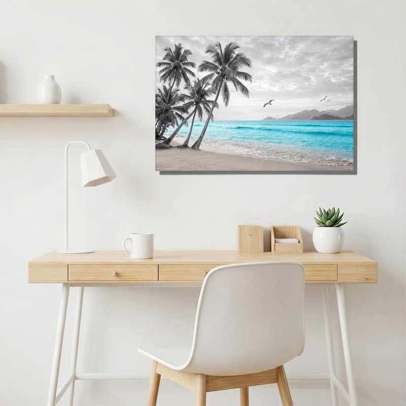 Art mural sur toile de palmiers noir et blanc et eau turquoise sur sable, H 28 po x l 40 po