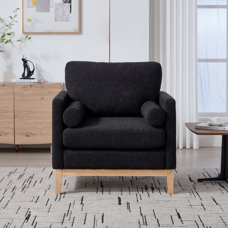 Fauteuil d'appoint de style campagnard de 35,4 po de largeur avec pieds en bois naturel, Noir, Naturel