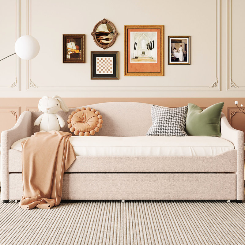 Lit de jour simple avec couchette amovible et rembourrage en molleton beige, Beige, Lit simple
