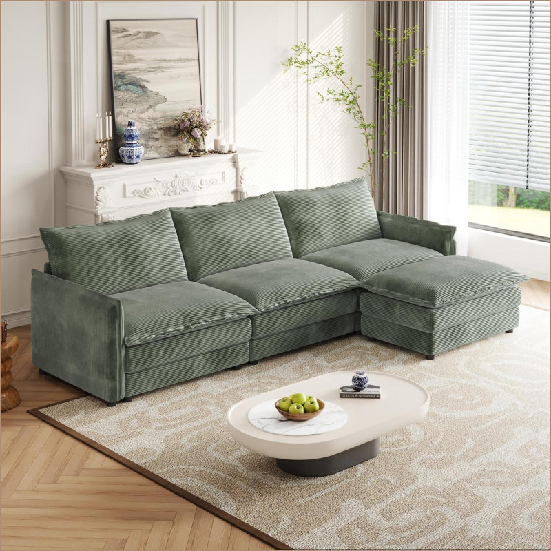 Sectional Sofas 3-Seater L-Shaped with Movable Footrest, Deep Seat Corduroy Fabric for Living Room | Corduroy | Sage Green