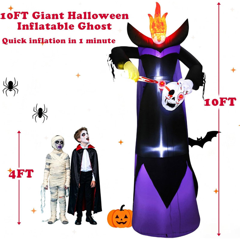 10 pieds d'Halloween gonflable sans tête Grim Reaper avec des lumières à DEL sculptant le globe oculaire du crâne des Fêtes pour un décor de pelouse ultime d'Halloween