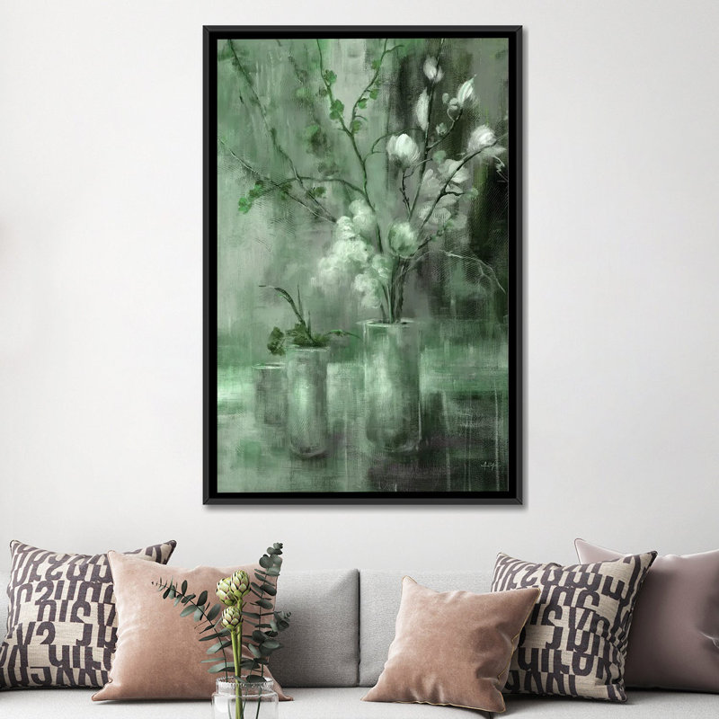Floral argent, Vert, Toile à cadre flottant noir, H 60 po x l 40 po