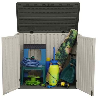 Remise de rangement horizontale en résine EHHLY, remise à outils de jardin de 47 pieds cubes et rangement extérieur, armoire de rangement extérieure en plastique imperméable, remise de jardin arrière pour tondeuse à gazon 4,5 x 2,8 pi
