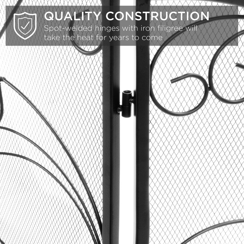 Black Wrought Iron 3-Panel Mesh Fireplace Screen with Decorative Scrolls