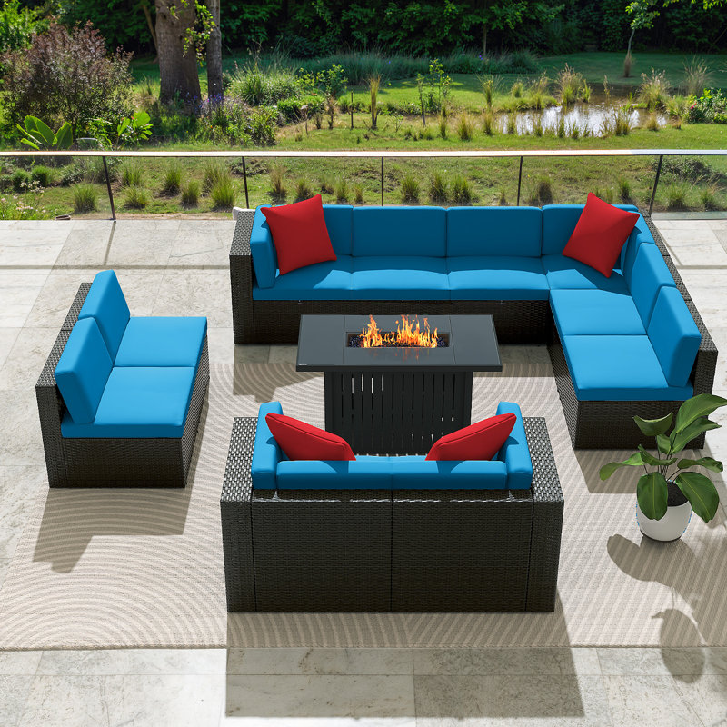 11 Pieces Rattan Patio Furniture Conversation Set with 43" Gas Propane 50000 BTU Fire Pit Table Outdoor Sectional Sofa for Backyard