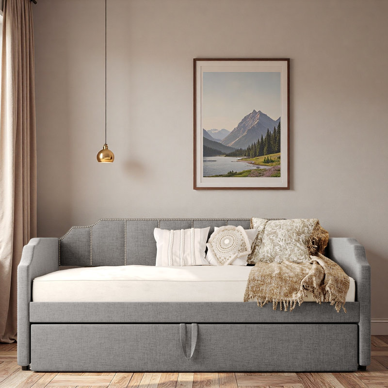 Lit de jour rembourré avec couchette escamotable et ports de chargement USB, Gris