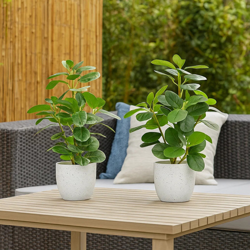 Ensemble de 2 plantes ficus en soie artificielle Dorae, plateau de table 56 feuilles, pot blanc, Blanc