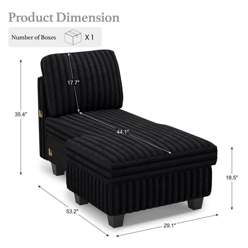 Korian Wide Plush Corduroy Chaise Module of Modular Sofa, Part H Left Chaise & Part I Right Chaise, Left Hand Facing, Black