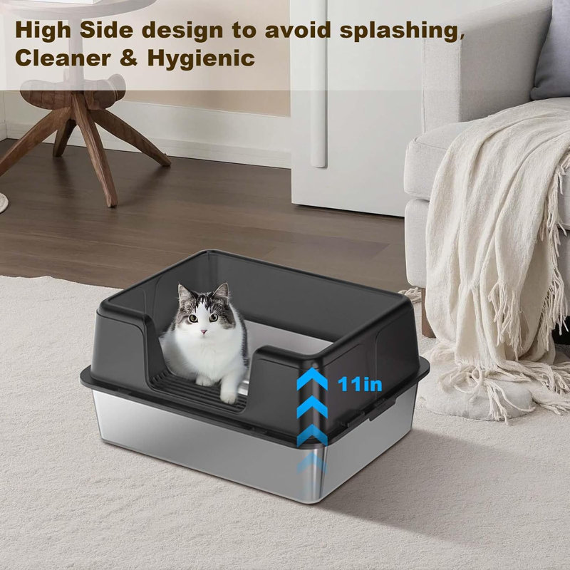 Stainless Steel Litter Box with Scoop, 27.9cm H x 35.1cm W x 50cm D, Black