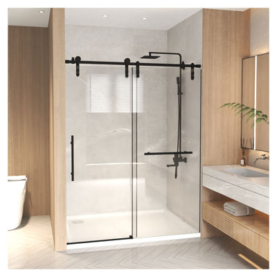 Porte de douche coulissante sans cadre l 44 à 48 po x H 76 po avec cadre en acier inoxydable noir mat en verre trempé de 5/16 po (8 mm) pour salle de bain moderne