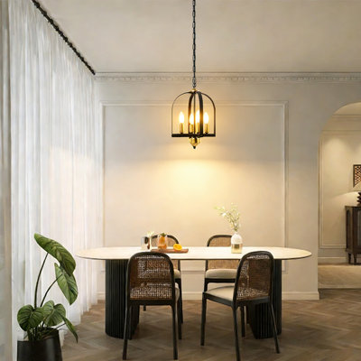 Modern Farmhouse Pendant Light, 4-Light Birdcage Chandelier, Black And Brass Finish, Adjustable Chain, For Dining Room, Kitchen Island, Entryway, Sloped Ceiling Compatible