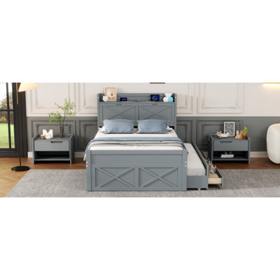 Lit double en bois avec tête de lit avec prises de courant, lit extensible avec lit gigogne simple avec trois tiroirs de rangement, gris