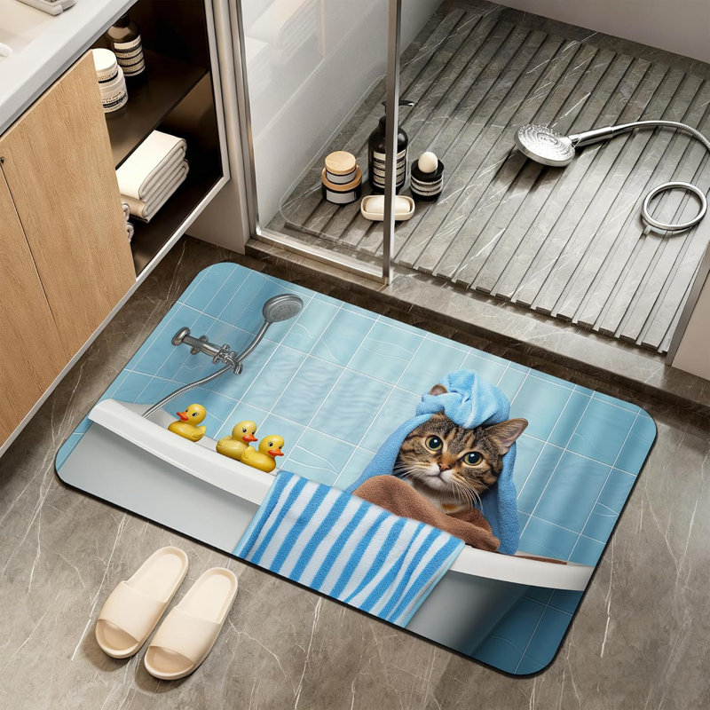 Tapis de bain, tapis de salle de bain pour chat mignon, tapis de bain en caoutchouc antidérapant à séchage rapide, tapis de terre de diatome absorbant pour salle de bain 17 po x 29,5 po