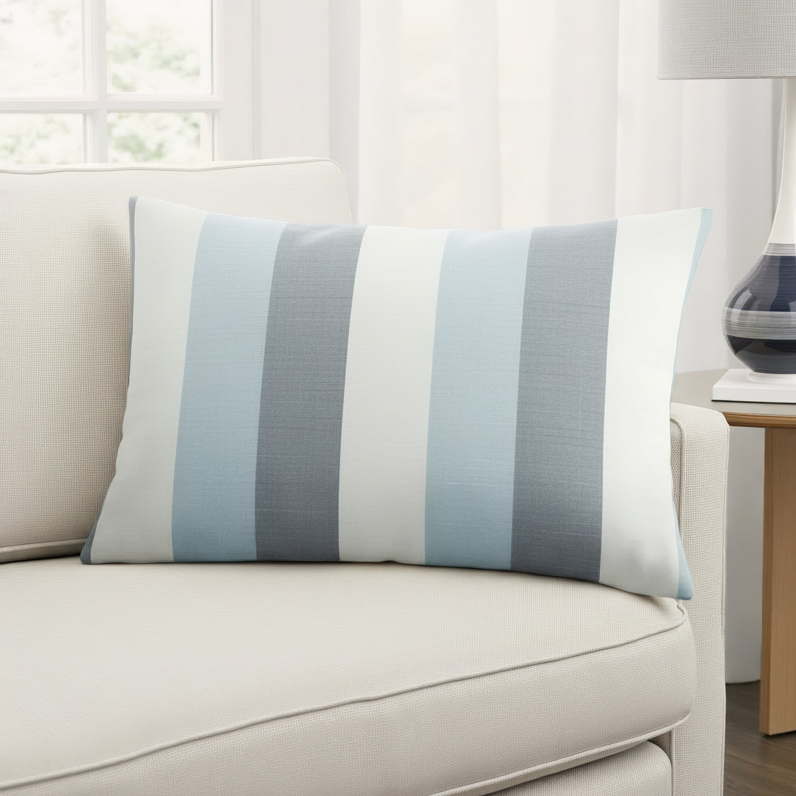 New Sunbrella 2023 Striped Sunbrella® Indoor/Outdoor Lumbar Throw Pillow, 12'' x 18'', Blue/Gray