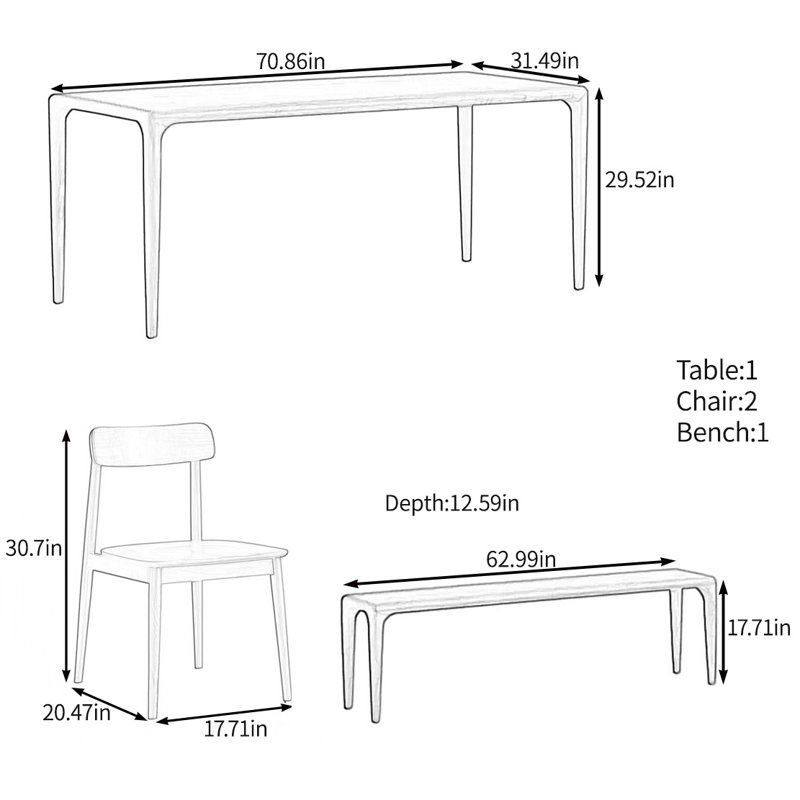 Ensemble de tables multifonctionnelles entièrement en bois massif, H 29,52 po x L 70,86 po x l 31,49 po