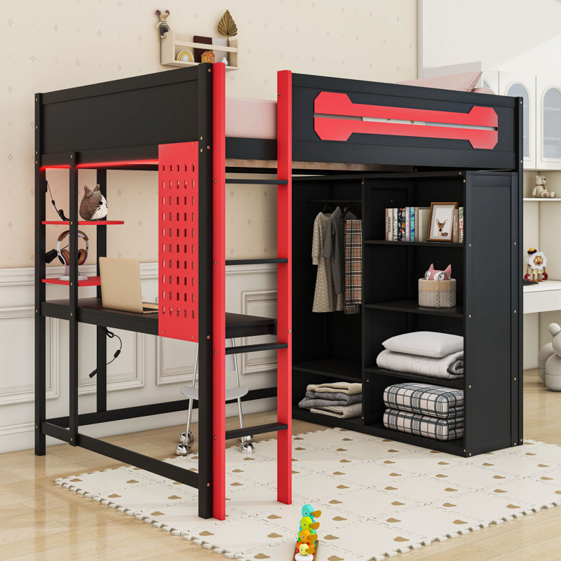 Full Wood Loft Bed With Desk, Open Wardrobe, LED Light And Power Outlets, Red