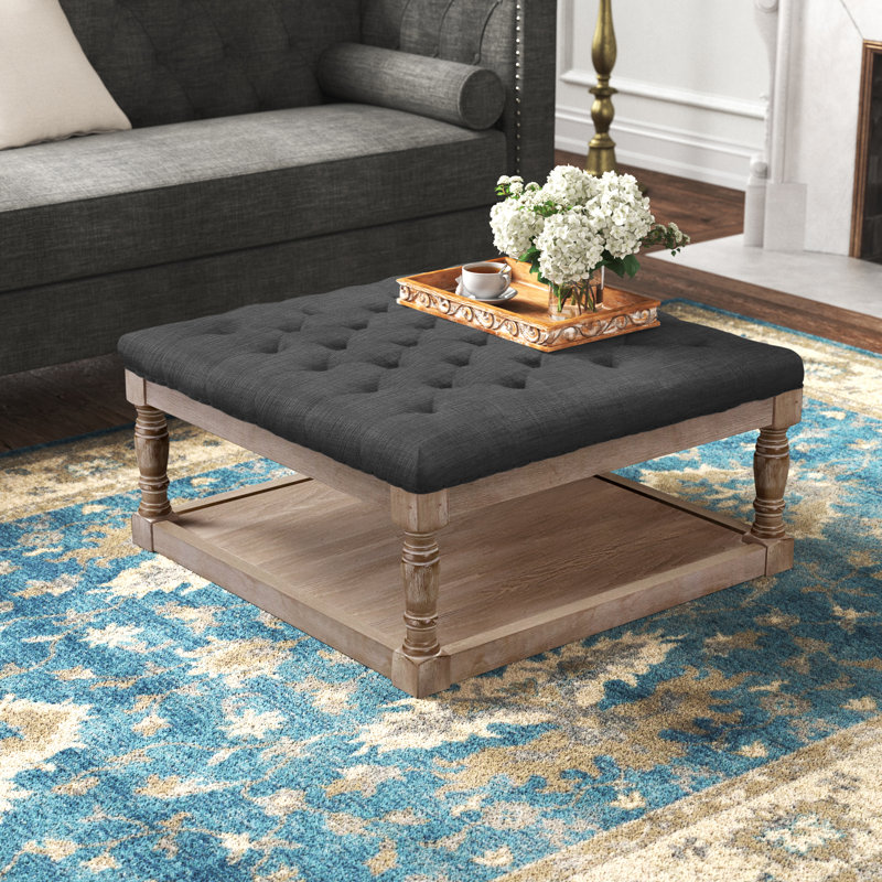 Fontanet 34" Wide Tufted Square Cocktail Ottoman/Coffee Table, Beige/Dark Gray