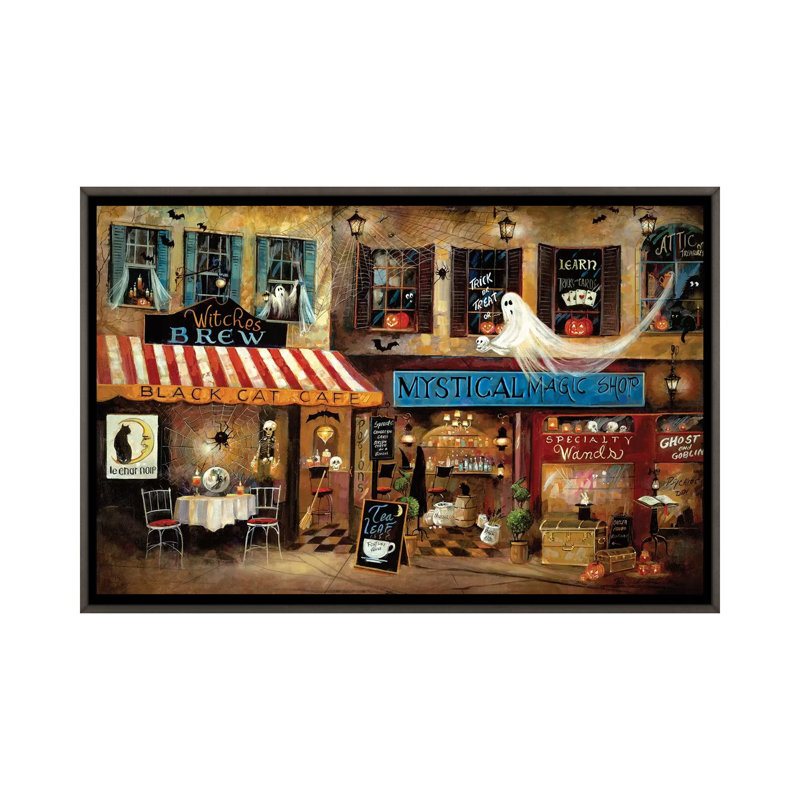 Mystical Magic Shop par Ruane Manning - reproduction d'art, H 26 po x l 40 po x P 1,5 po, Toile avec cadre gris, Aucun mat