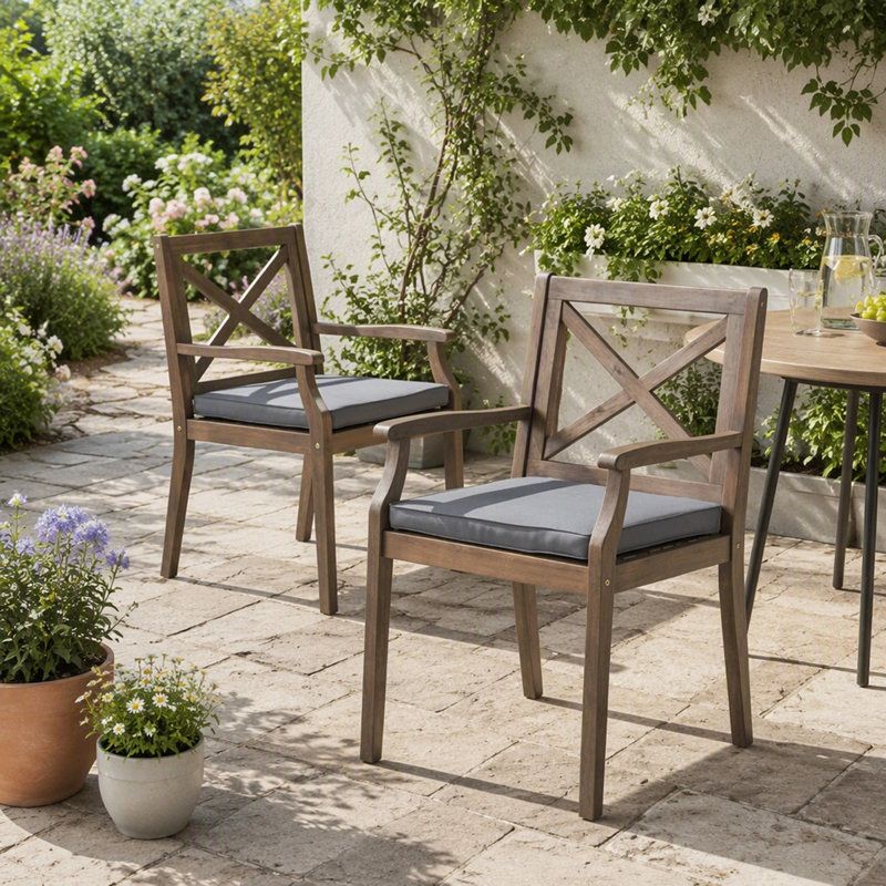 Chaises de salle à manger avec coussins résistants à l'eau, ensemble de 2, structure en bois d'acacia robuste pour l'extérieur