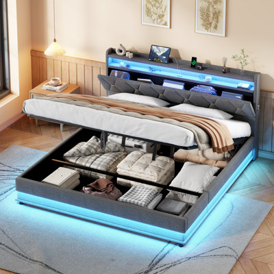 Upholstered Bed Frame, Hydraulic Storage, LED Headboard with USB & Type-C, Grey