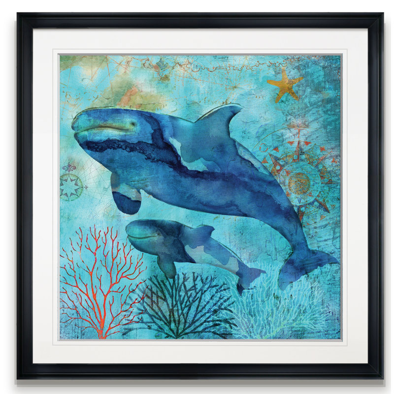" Deep Sea Whales ", 24" H x 24" W x 1.5" D, Black Framed