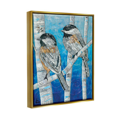 «Chickadees Perched Layered Ephemera» par Lisa Morales - peinture à cadre flottant