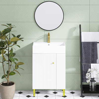21,6 pouces Meuble-lavabo blanc avec lavabo simple en céramique | Portes à fermeture en douceur | Rangement à droite | Armoire de rangement pour salle de bain