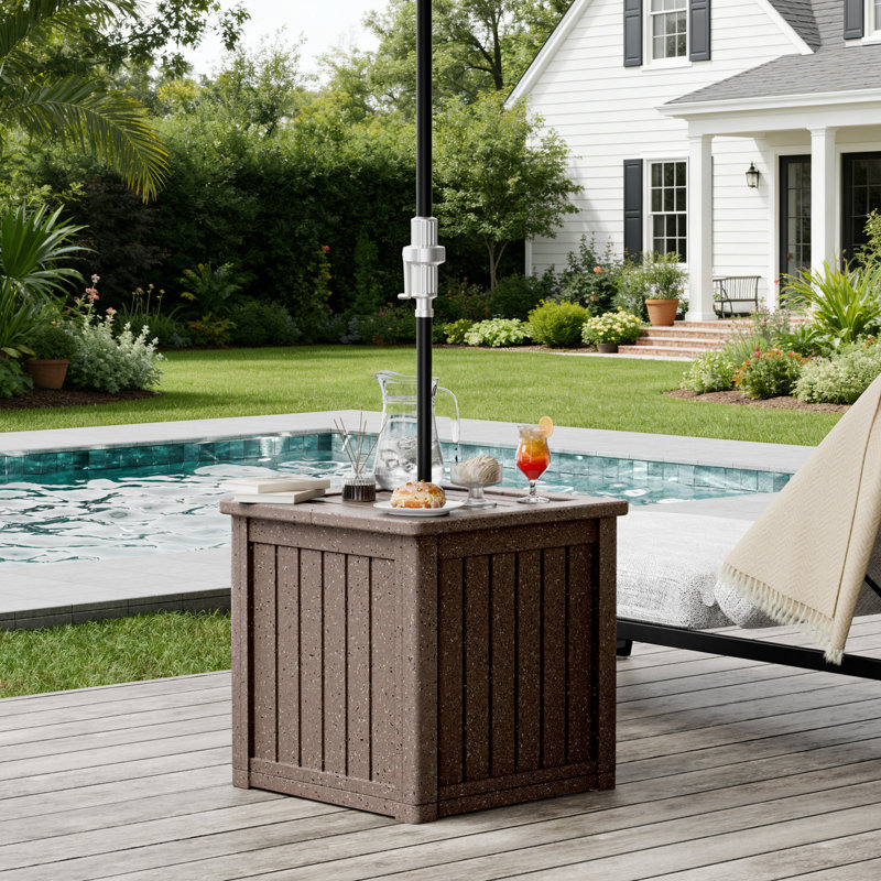 Table d'appoint carrée multifonctionnelle avec pied de parasol, finition sablée marron, pour terrasse ou patio, 48 cm (L) x 48 cm (P) x 48 cm (H)