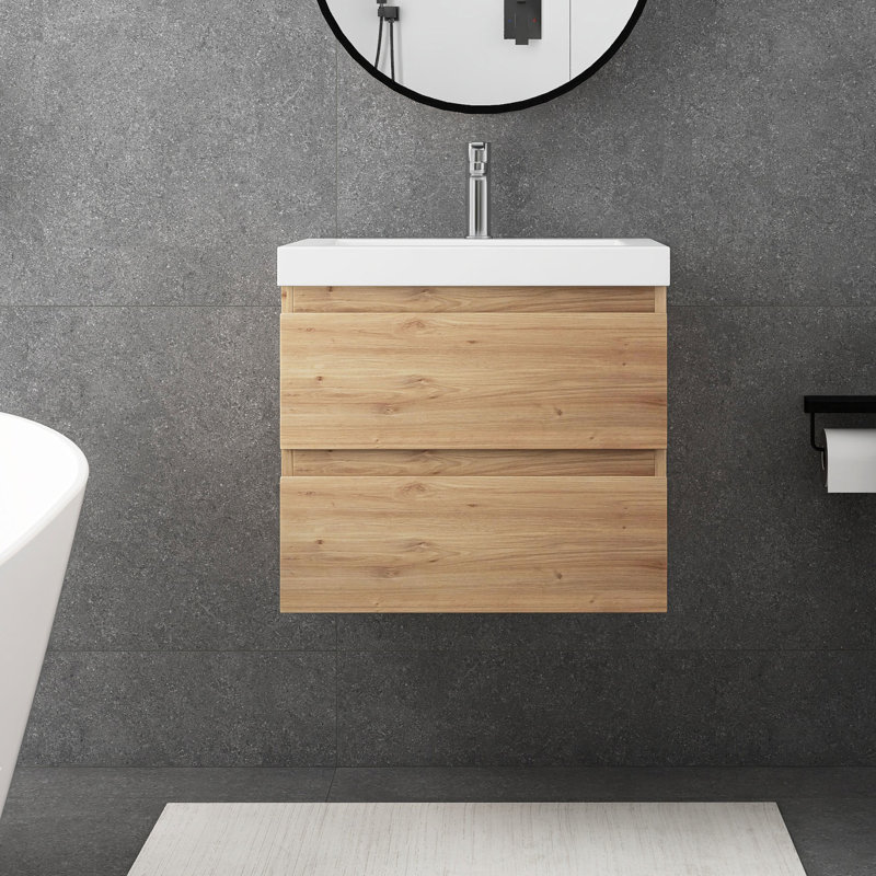Meuble-lavabo mural simple 24 po avec plateau en résine Kaileen, Chêne clair