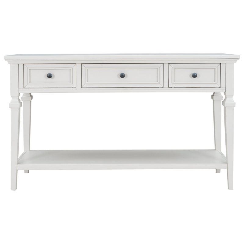 Classic Retro Style Console Table With Three Top Drawers And Open Style Bottom Shelf, Easy Assembly (Antique White)